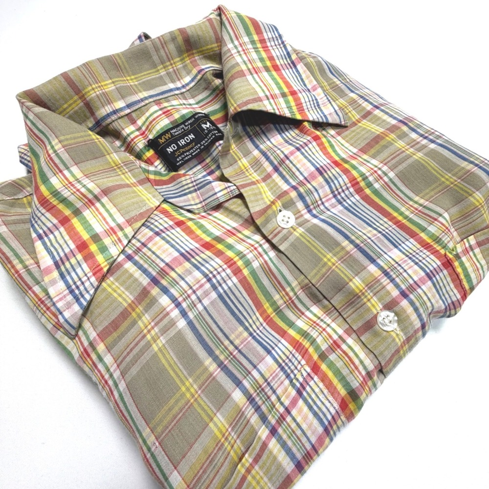 JCPenney Vintage Plaid Button Up Shirt Mens M Short Sleeve Retro Taiwan 70s 80s